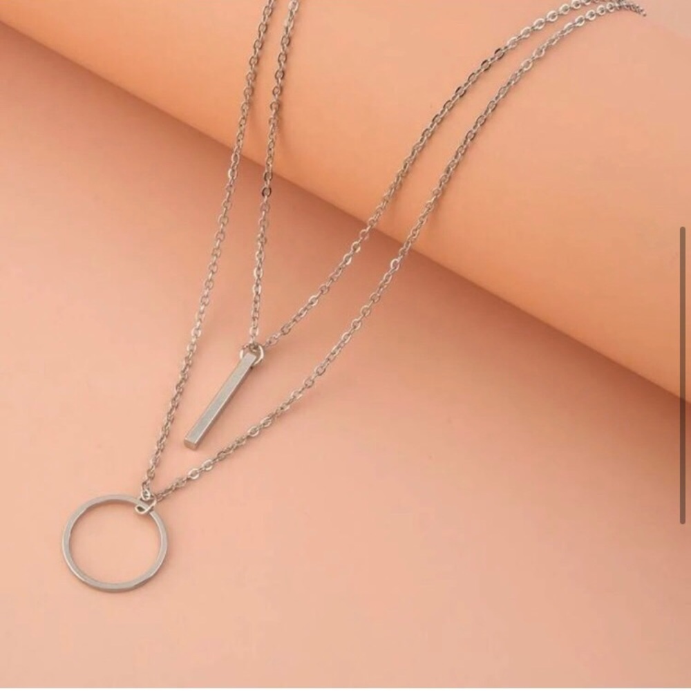 Silver layered bar and circle necklace set - Picture 3 of 4